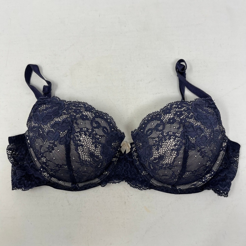 Victorias Secret Lined Demi Bra 34C Blue Floral Lace Underwire Bow 219061-NN